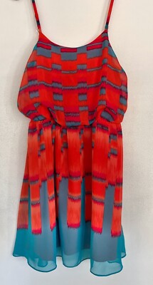 Calvin Klein Dress  Size L Jeans Square Ikat Print  Red Blue Romantic Sheer NWT