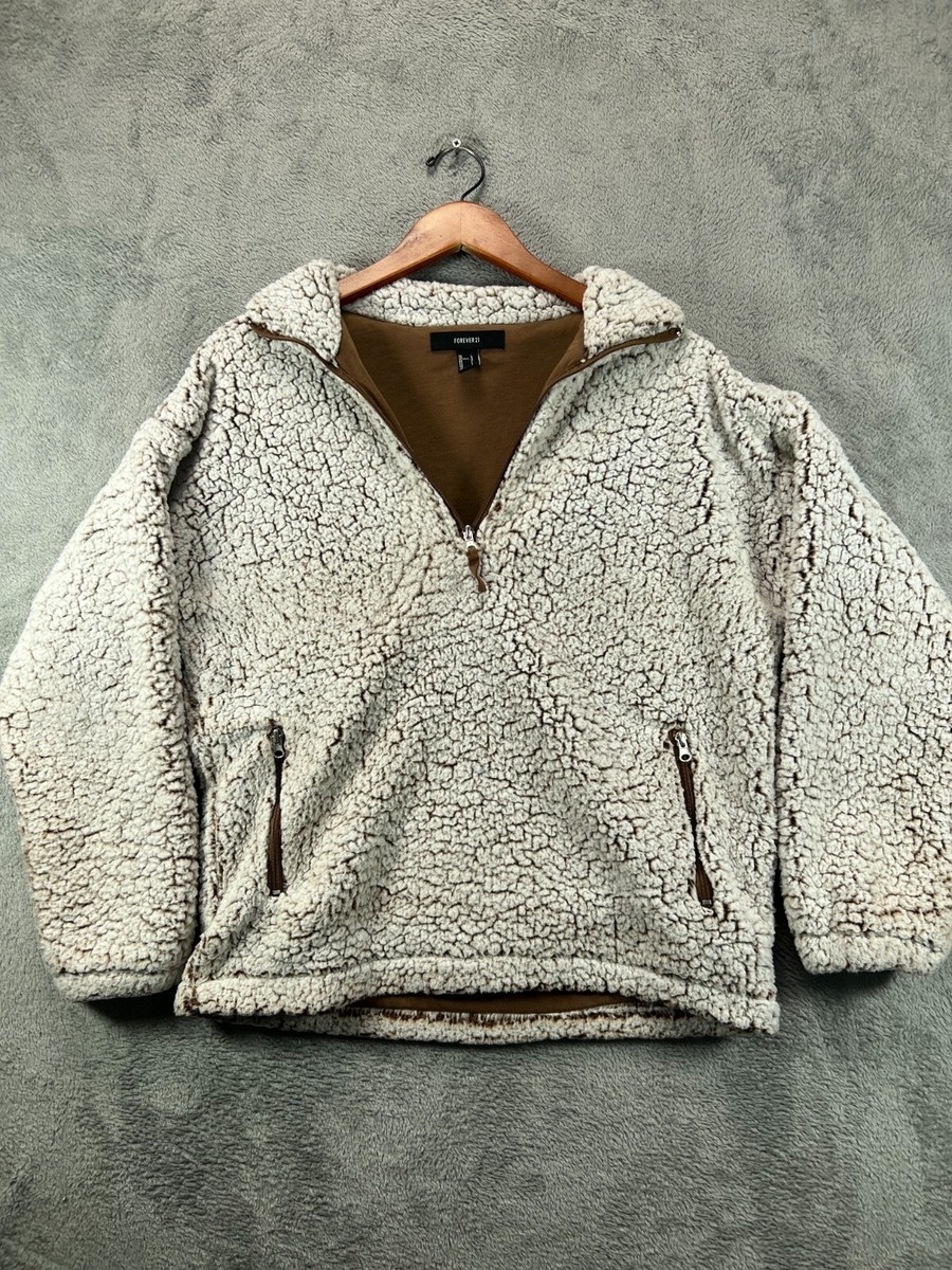 Forever 21 Womens Large Jackets Anorak Sherpa Beige Zip Pocket