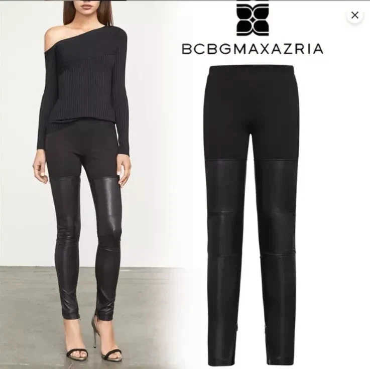 BCBGMaxAzria Leggings Mujer Talla Mediana Conan Negro Imitación Cuero Ribete Cremallera Pantalones Foto 2 de 4
