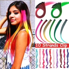 10 Pieces Clip In Highlight Long Streaks Rainbow Braid Hair Extensions for Human