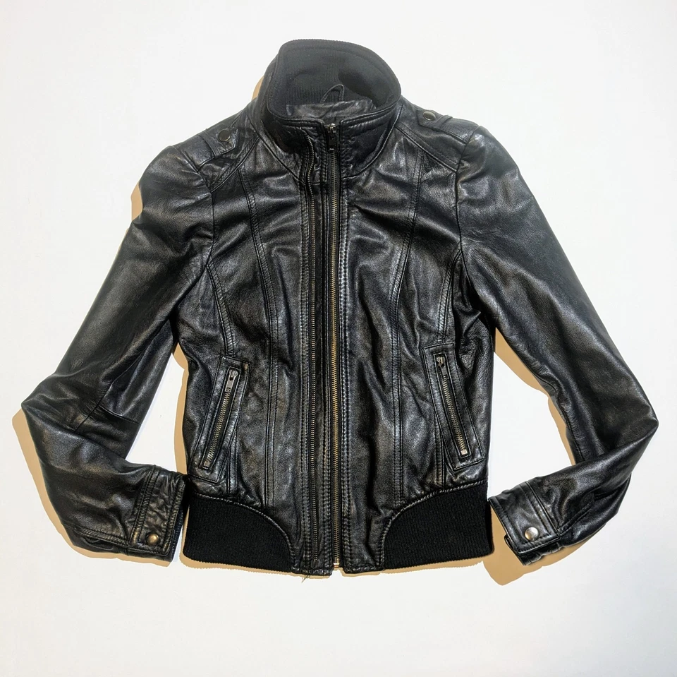 Chaqueta de moto bombardero de cuero genuino negro de cordero ZARA para mujer S se adapta a XS Foto 2 de 4