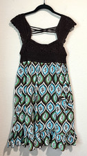 Y2K Women's Dress Brown Crochet Green Geometric Boho Hippie Cottagecore Sm?