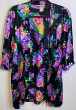 Vintage ROXANNE Nylon Floral Short Robe Nylon Black Bright Colors MEDIUM USA