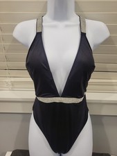 Victoria's Secret  Swim Bling Shine Strap Plunge One-piece Swimsuit Black Small