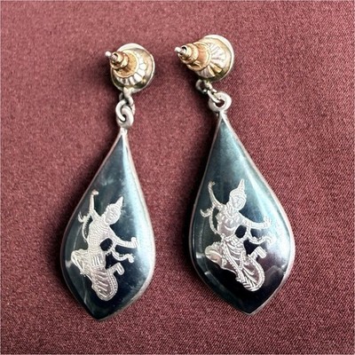 Black and Sterling Silver Vintage Thai Teardrop earrings