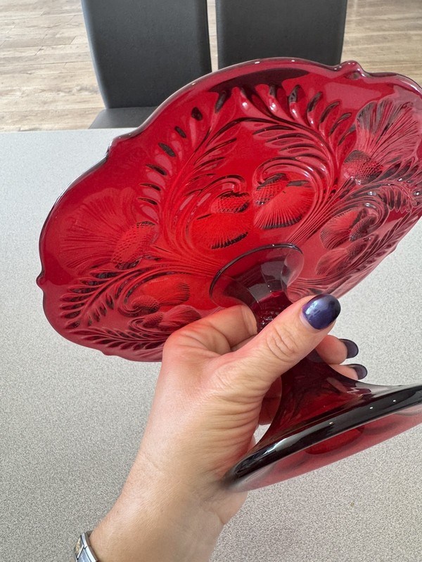 Mosser Glass Red Pedestal Cake Stand Inverted Thistle GLOWS! 