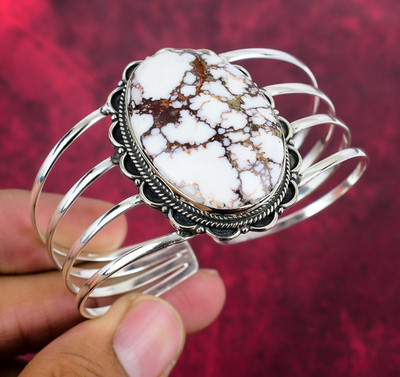 Wild Horse Gemstone Handmade 925 Sterling Silver Adjustable Bangle Jewelry Gifts