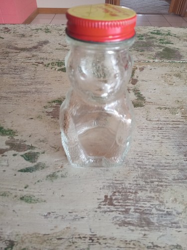Vintg Domino Sugar Mr Bears a Bank Too Clear Glass Jar Shaker Cinnamon Screw Top