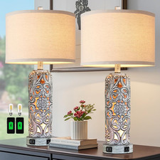 25'' Set of 2 Farmhouse Table Lamps with 2 USB Ports for Living Room Bedroom, Ru