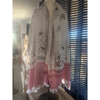 Oswal Shawl Cream Pink Floral Embroidered Fringe Made in India