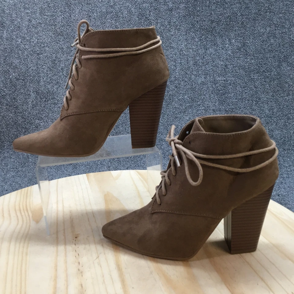 Shoedazzle Boots Womens 8 Daisy Ankle Booties Brown Suede Lace Up Heeled Pointed - Image 2 of 4