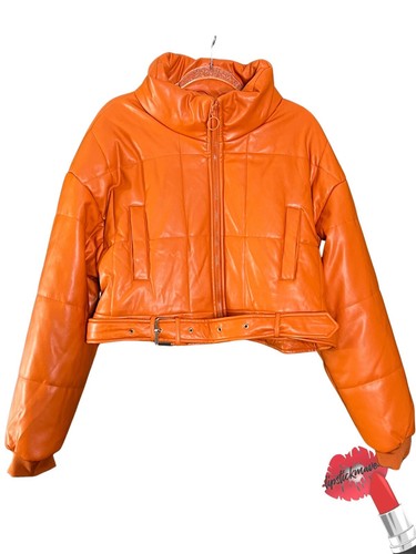 PRETTY LITTLE THING Puffer Jacket Women Large Orange Faux Leather Cropped Coat