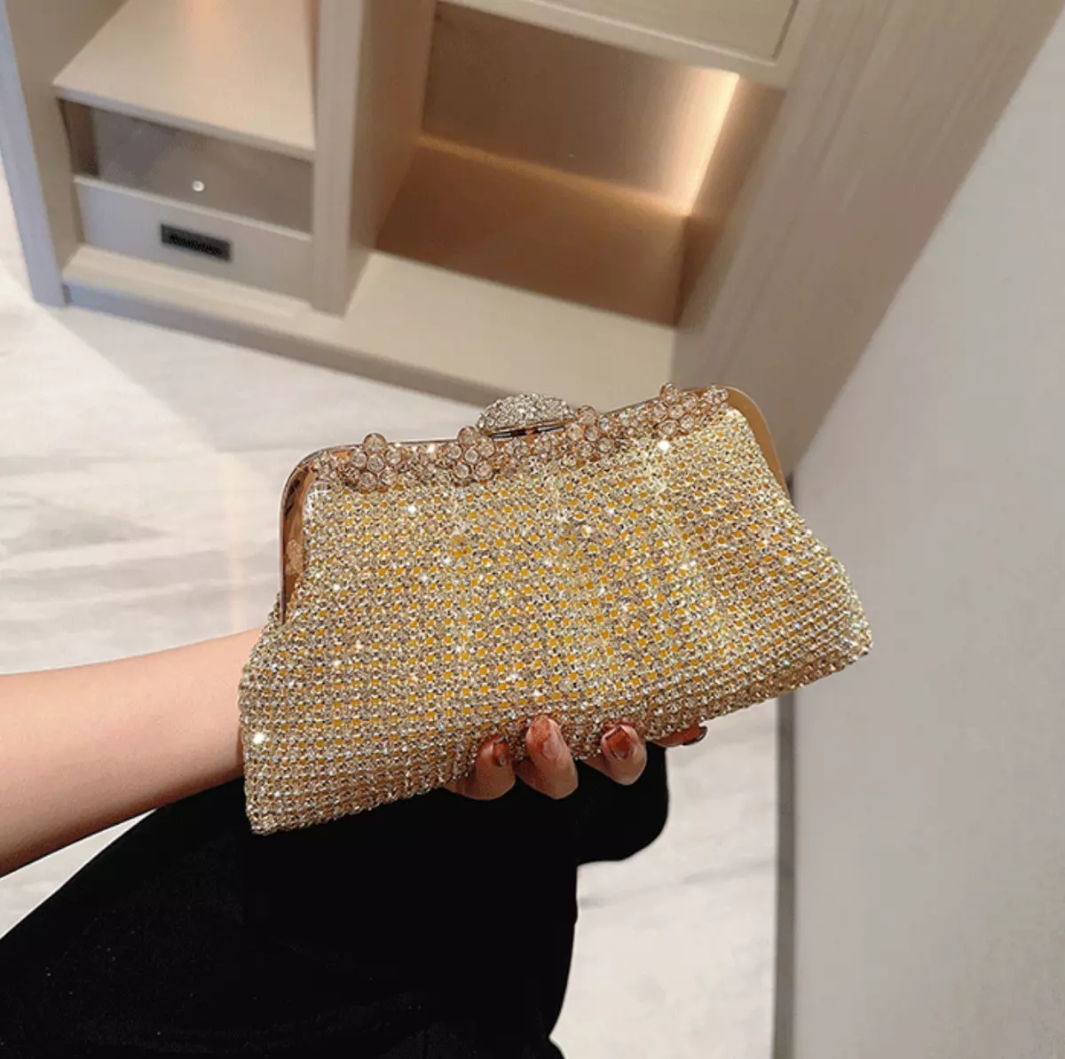 White Rhinestone Purse Crystal Evening Clutch Bag Gold Metal Women