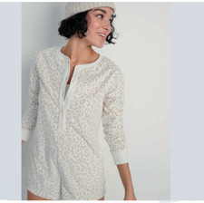 Antiguo pijama azul marino para mujer S marfil leopardo de las nieves polar Henley mameluco acogedor manga larga