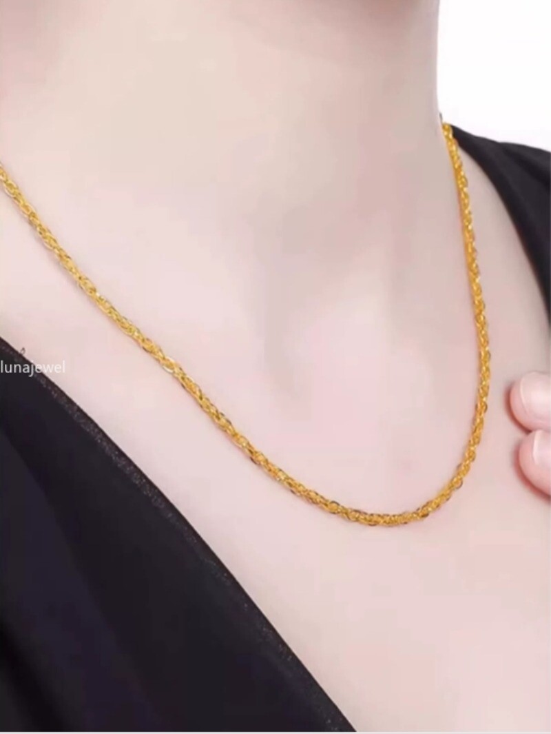 Pure 999 24K Yellow Gold Chain Women Twisted wire Link Necklace