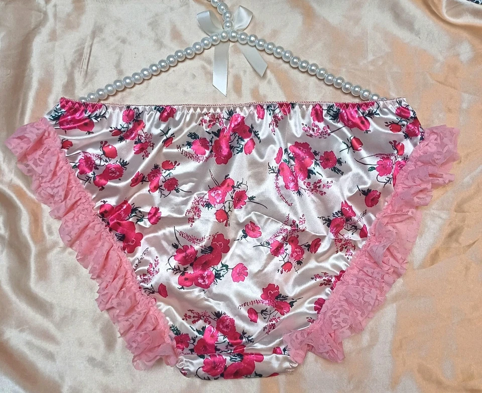 Girly Floral Glossy Satin Ruffle Panties Knickers Full Bum Sissy CD TV L 12-14 - Image 2 of 4
