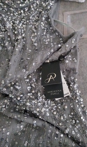NWT ADRIANNA PAPELL SIZE 12P BLUE/Gray MIST BEADED HALTER Evening Gown - Picture 7 of 9