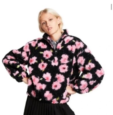 サリー Sandy Liang x Target Black/Pink Floral Print 1/4 Zip Sherpa Jacket