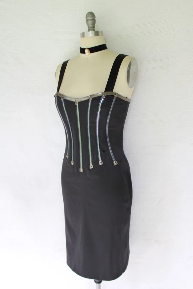 Vintage DOLCE & GABBANA stretch silk leather corset boning girdle wiggle dress - Image 4 of 4