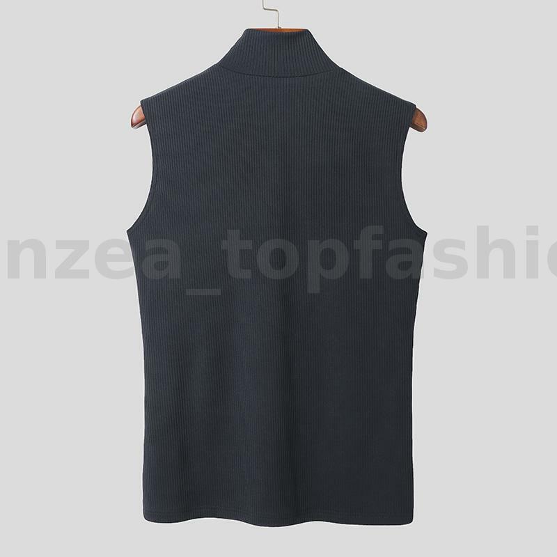 Mens High Neck Sleeveless Knitted Vest T Shirts Slim Fit Muscle