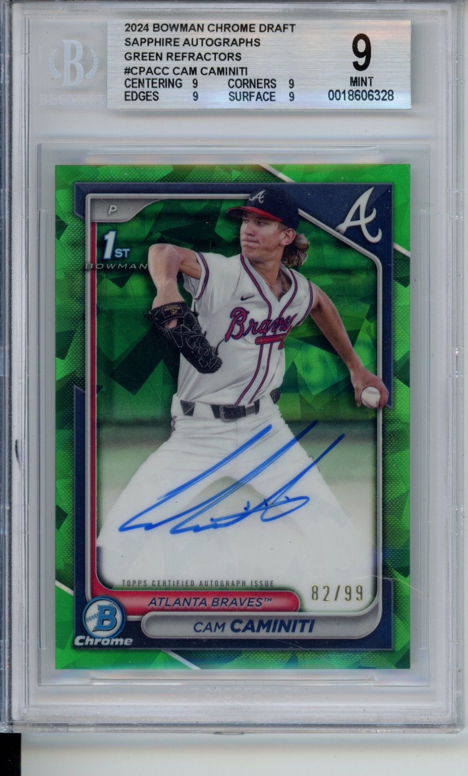 2024 Bowman Draft Sapphire Auto Cam Caminiti Green /99 BGS 9 Mint