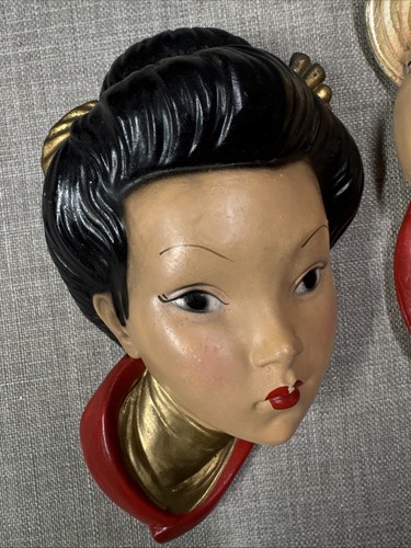 Vintage 50s Chalkware Wall Plaque Set Geisha Head Asian Couple - Picture 2 of 7