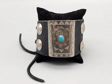 Vtg Small Nickel Silver Turquoise Bow Guard Ketoh Leather Navajo Native American