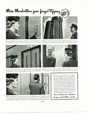1937 Otis Elevator Co. Finger Tip Control Miss Manhattan art Vintage Print Ad