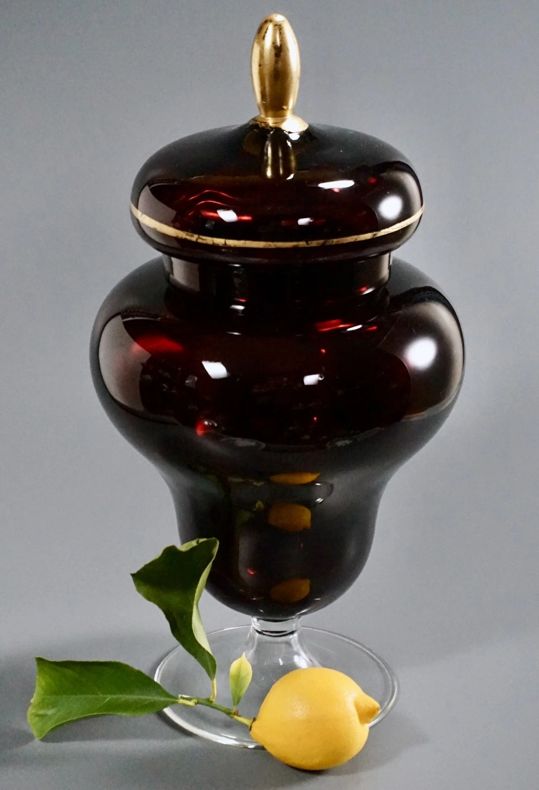 Garnet Red Glass Pear Shaped Apothecary Jar Gilded Highlights
Opens in a new window or tab