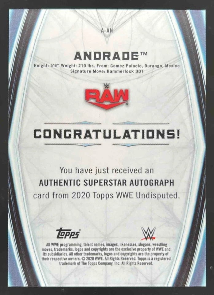 2020 TOPPS WRESTLING WWE UNDISPUTED ANDRADE UNDISPUTED AUTO GOLD /10 #A-AN - Image 2 of 4
