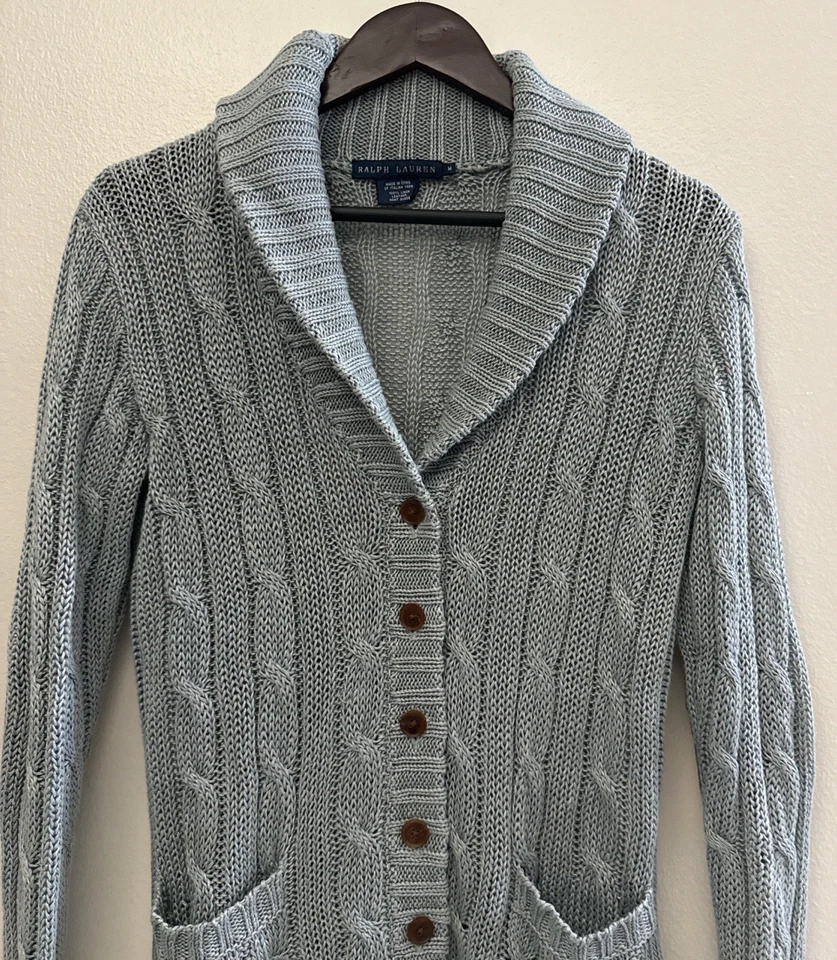 Cardigã Ralph Lauren BLUE LABEL cabo linho camurça cotovelo patch tamanho M - Imagem 4 de 4