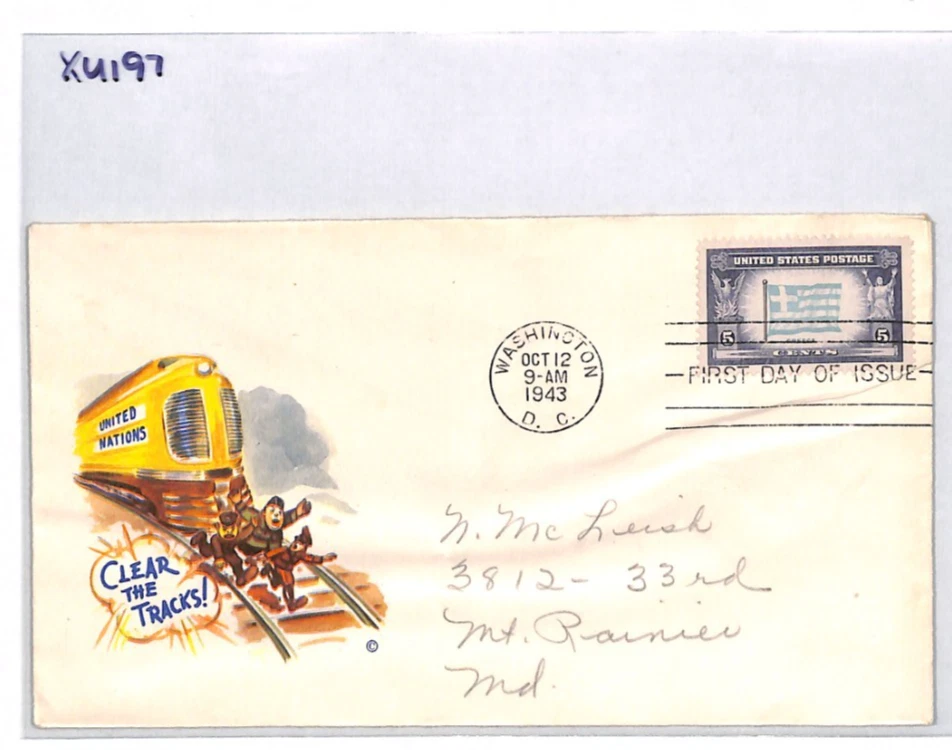 USA WW2 PROPAGANDA *CLEAR THE TRACKS* Cover 1943 FDC GREECE/UNITED NATIONS XU197 - Image 4 of 4