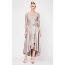 Alex Evenings Sequin Lace Party Dress with Satin Skirt Ribbon Belt Size 12