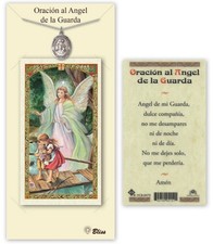 Medium Pewter Angel de la Guarda Pendant Necklace 18" Inch Chain & Prayer Card