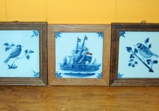 Vintage DELFT BLUE Ceramic 3 TILES Birds SHIP HOLLAND Netherlands Earthenware