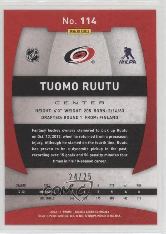 2013-14 Totally Certified Mirror Platinum Red /25 Tuomo Ruutu #114 - Image 2 of 2
