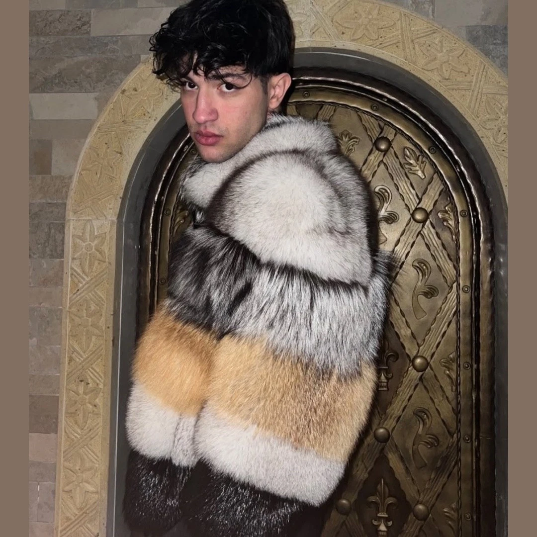 Mens Real Red Fox Fur Short Jacket Natural Genuine Silver Fox Fur Coat Outwear image 3