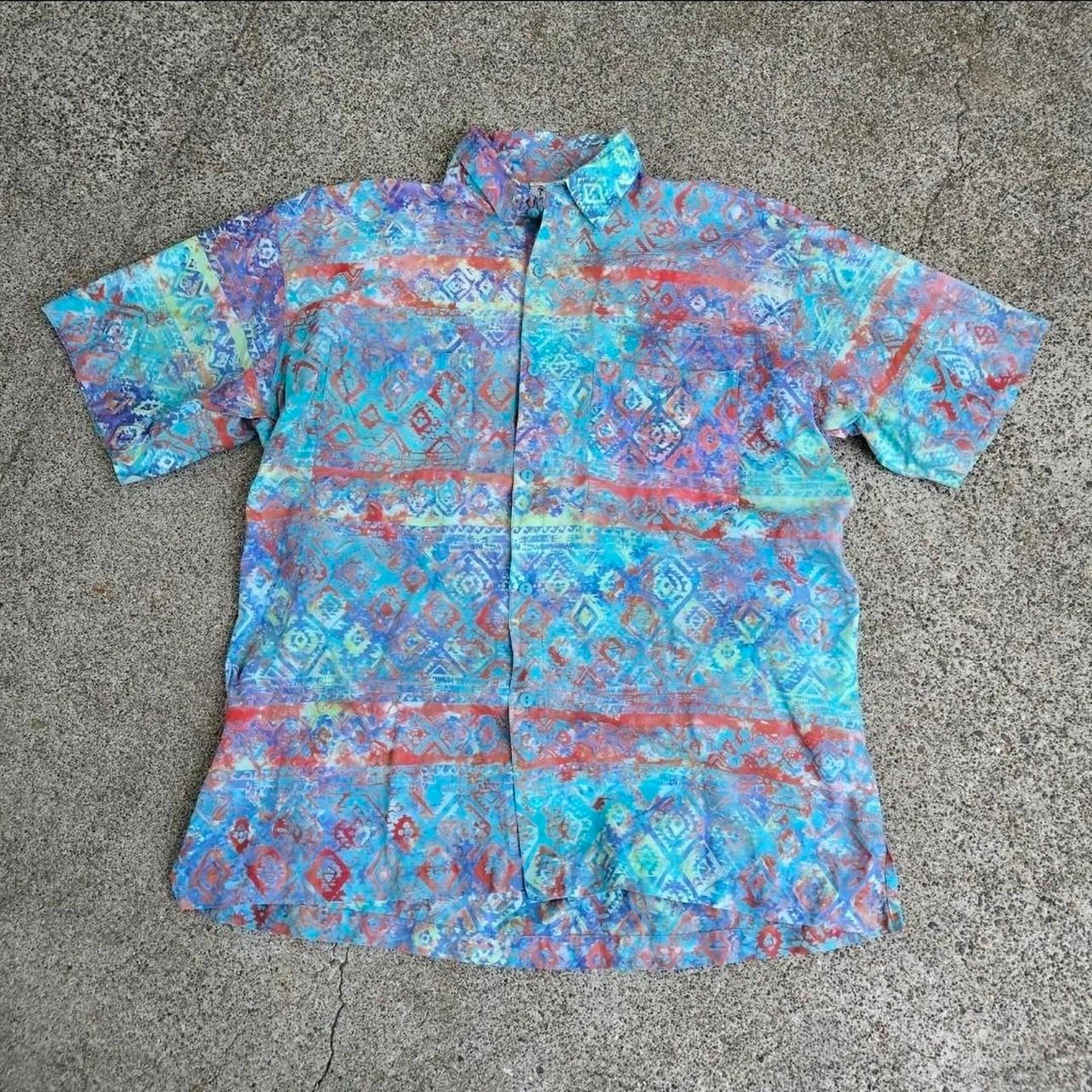 Vtg RUM REGGAE Abstract Geometric Print Beach Surf Batik Dye Button Up Shirt Lg
