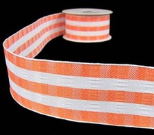 4 Yards Bright Orange White Striped Plaid Like Wired Ribbon 1 1/2"W