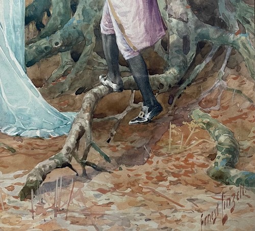 PINTURA ANTIGUA ERNEST LINZELL ""Escena victoriana de cortejo corazones tallados en árbol - Imagen 8 de 12