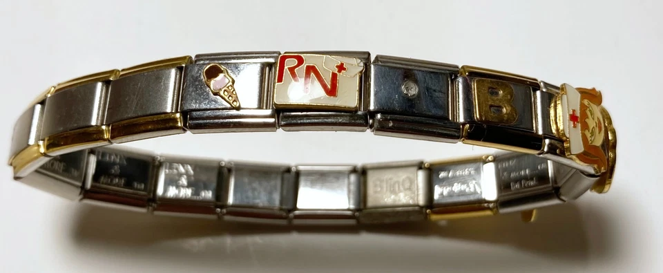 Pulsera de enfermeras de acero inoxidable Linx & More ITALIANA 6,6" con 17 eslabones 10 dijes Foto 4 de 4