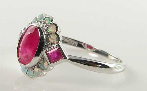 9k 9CT WHITE GOLD RUBY OPAL ART DECO INS CLUSTER RING FREE RESIZE - Picture 4 of 5