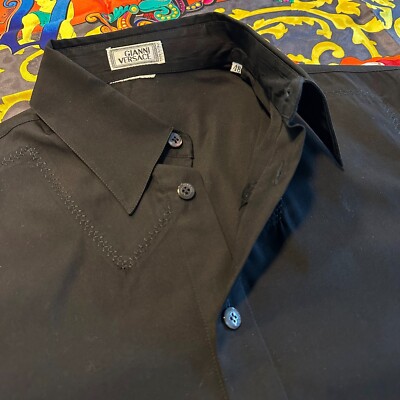 1998 GIANNI VERSACE black cotton stretch shirt w/ embroidered