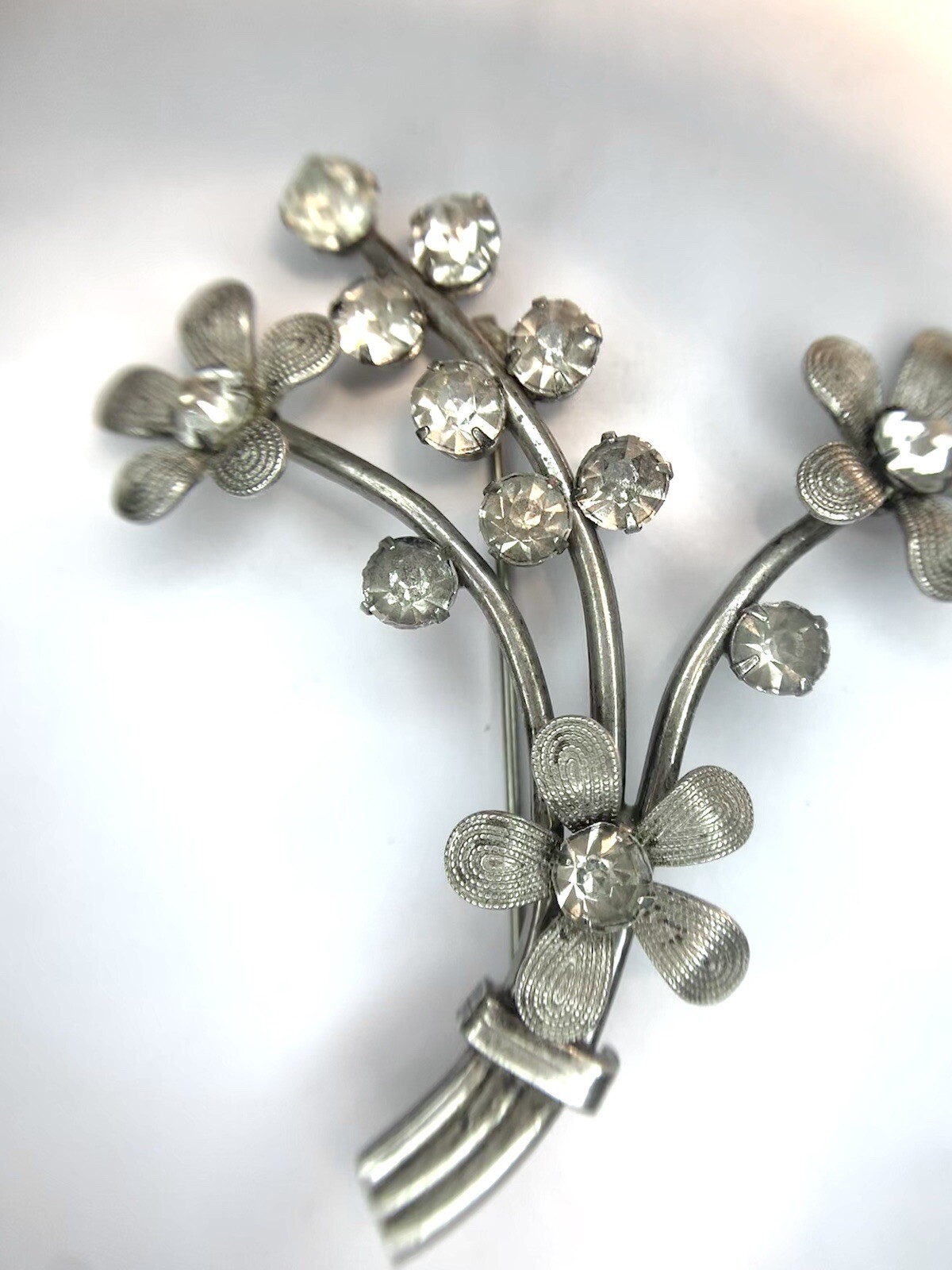 Vintage Sterling Silver Floral Spray Clear Rhinestone Flower BROOCH PIN