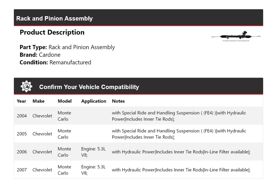 Conjunto de piñón y cremallera Cardone 2005 2006 para Chevrolet Monte Carlo 2004-2007 Foto 2 de 4