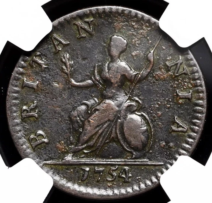 GREAT BRITAIN. King George II, 1754 AD England Farthing 1/4p 1727-1760, NGC VF - Image 2 of 4