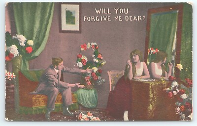Postcard Will You Forgive Me Dear? Man Begs Woman Couple Lovers