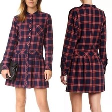 Current Elliott Plaid Drop Waist Button Down Shirt Dress 3 Blue Red Woven Cotton