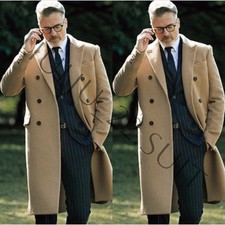 Camel 100 Cashmere Men's Overcoat Peak Lapel Formal Business Walking Long Jacket