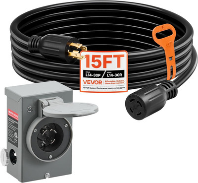 30 Amp Generator Cord and Power Inlet Box, 15 FT, 125/250V NEMA L14-30P to L14-3